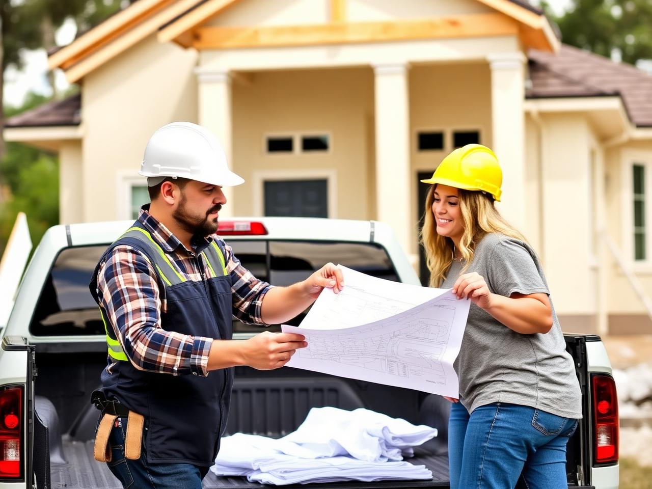 Builder and homeowners reviewing construction plans at a Florida home construction site