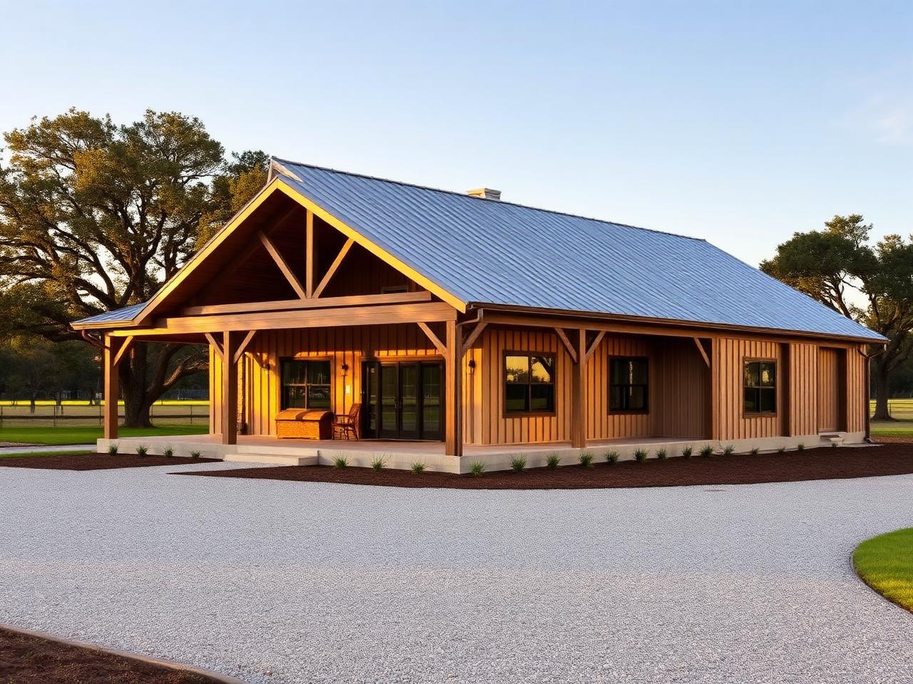 Modern Florida barndominium with a metal roof, vertical siding and a covered porch on a rural lot