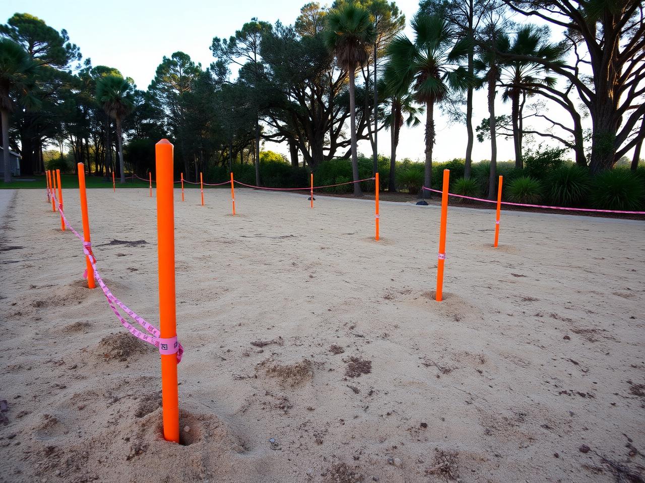 Cleared Florida residential building lot marked with orange survey stakes and flagging tape