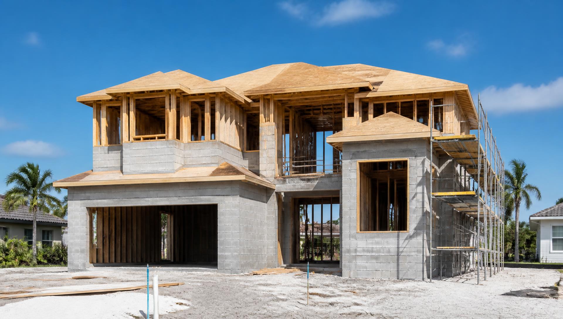 New home under construction in Florida with framing and roof trusses in place